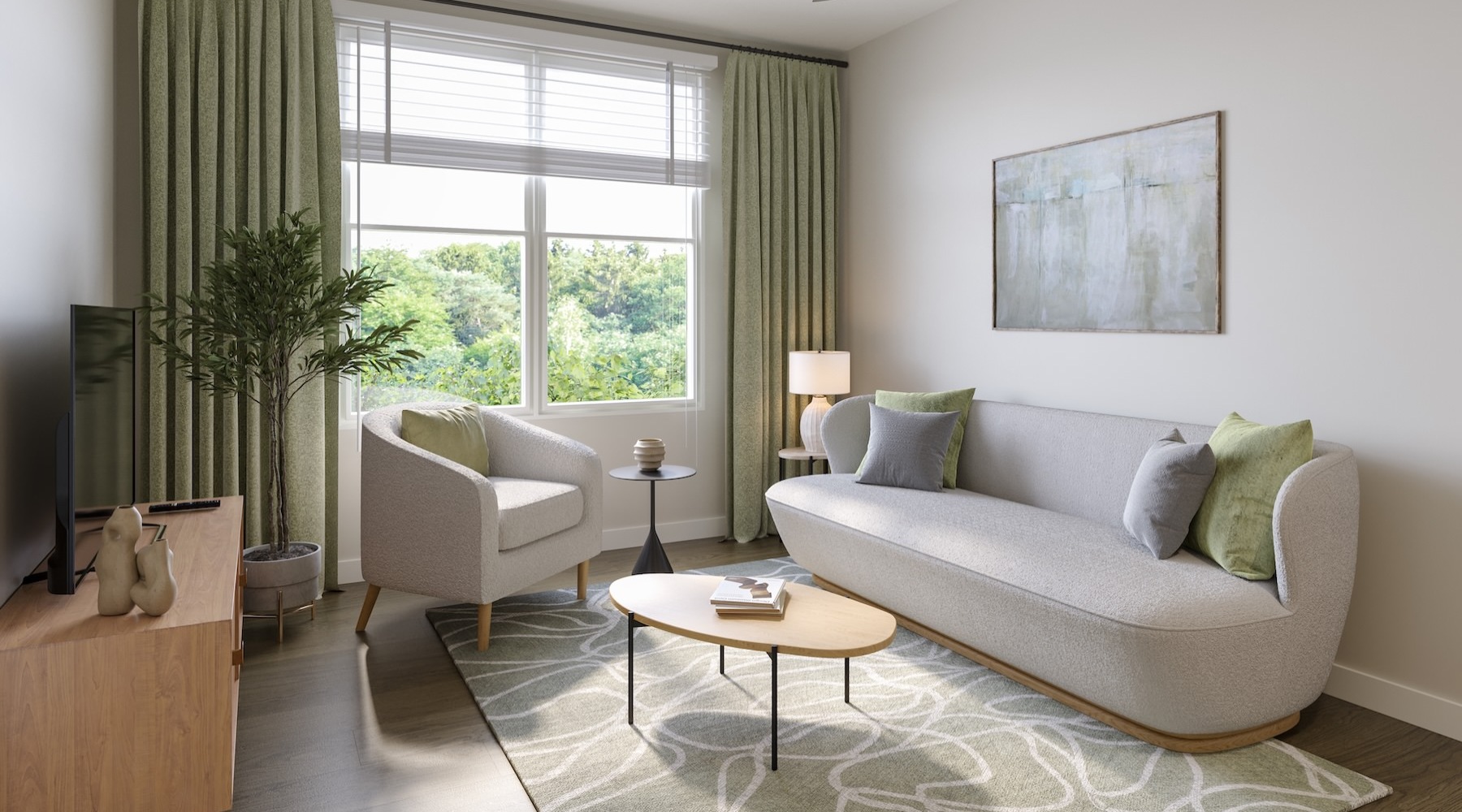 a living room with a couch, chair and a tv