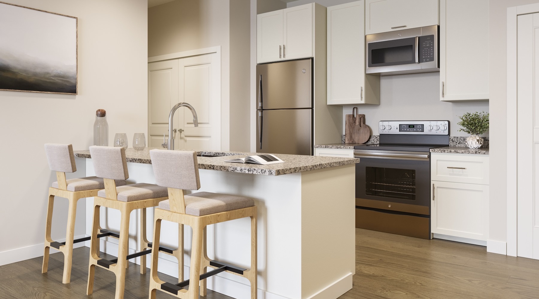 a kitchen with white cabinets
