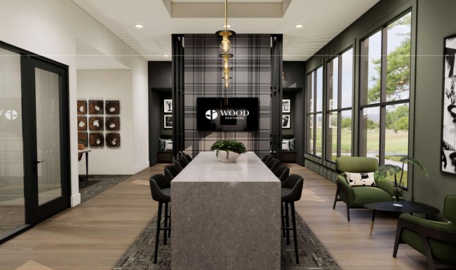 a clubroom with a large table and chairs